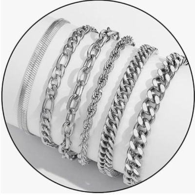 Zocomi 6 Pcs Chain Bracelet for Men, Stainless Steel Cuban Curb Link Rope Paperclip Figaro Herringbone Chain Bracelets Set Jewelry Gifts for Man Boys 7.5/8.3/9 Inches
