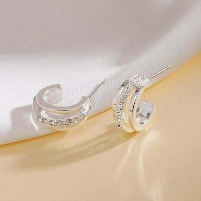 LUNCKY Small Gold/Silver Hoop Earrings for Women Girls, Dainty Split Cubic Zirconia Huggie Hypoallergenic Earrings Fashion Trendy Jewelry