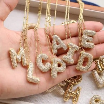 LUNCKY Bubble Letter Necklace Gold, A-Z Balloon Initial Necklaces Rhinestone Puff Letter Pendant Chunky Alphabet Necklace for Women