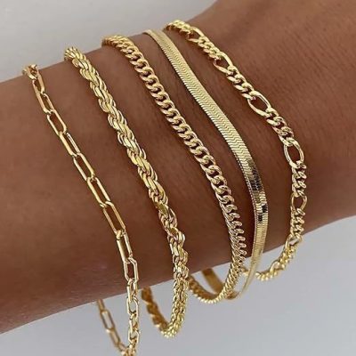 Boho-Chic 5 Pieces/ Set Golden/Silvery Bracelet Jewelry Set, Elegant And Delicately Female Gift, Perfect Daily And Party Wear Chain Bracelets
