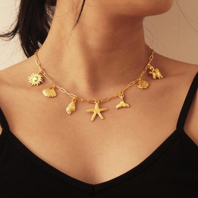 Charm Necklace for Women, 14K Gold Shell Sun Starfish Summer Beach Necklace 16+3" Paperclip Chain Jewelry Gifts