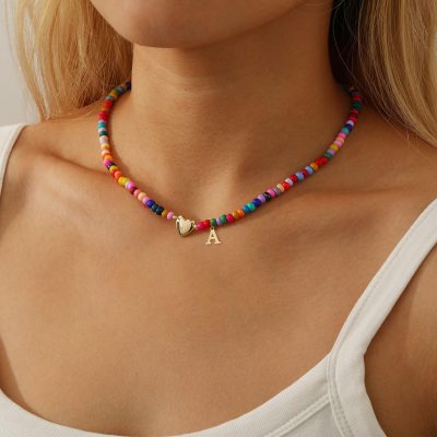 Initial Necklaces for Women Colorful Beaded Charm Letter Alphabet Choker Bohemian Necklace Gold Plated Pendant with Heart-shaped Metal Y2K Boho Summer Necklace Jewelry Gift