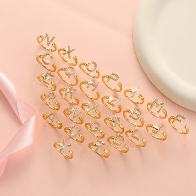 Stylish 26 English letter open ring personality simple set zircon adjustable ring