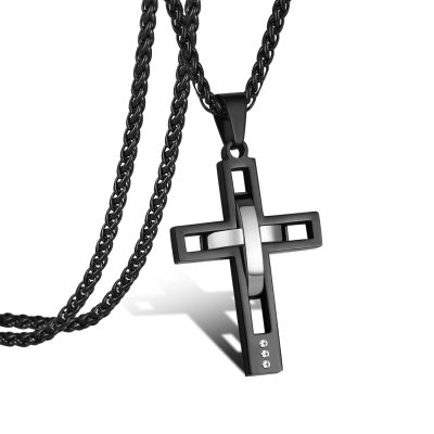 LUNCKY Hollow Black Cross Necklace for Men Boys Stainless Steel Cross Pendant Chain Religious Christian Men Teen Boys Jewelry Gifts 18-24 Inches Chain