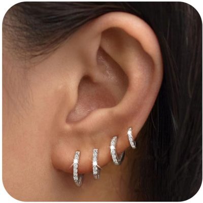 LUNCKY 4 Pairs Small Hoop Earrings for Women Girls, Silver Small Cubic Zirconia Huggie Hypoallergenic Earrings Set for Multiple Piercing, Dainty Cartilage Earrings for Women Birthday Christmas Gifts