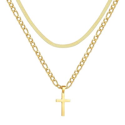 LUNCKY Layered Gold Cross Necklace for Men Boys, Stainless Steel Figaro Herringbone Layering Chain Cross Pendent Necklaces Set, Christian Religious Jewelry Gifts