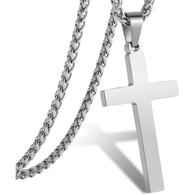 LUNCKY Cross Necklace for Men Boys Stainless Steel Cross Pendant Chain , First Communion Confirmation Jewelry, Religious Gift (Silver)
