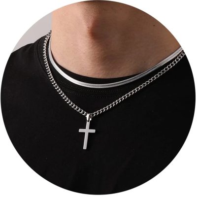 LUNCKY Cross Necklace for Men Boys Stainless Steel Layered Cuban Link Herringbone Chain Cross Pendant Religious Fashion Jewelry Gifts 16-24 Inches