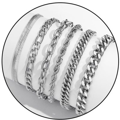 LUNCKY 6 Pcs Bracelets for Men Women Boys Kid, Silver Charm Bracelet Stainless Steel Cuban Link Curb Rope Paperclip Figaro Herringbone Chain Bracelets Set Jewelry Gifts 6.5/7/7.5/8.3/9 Inches Chain