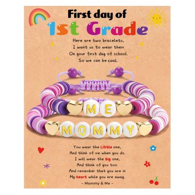 LUNCKY First Day of School Bracelet Mommy and Me Back to School Kindergarten Pre-K 1st Grade 2nd Grade Gifts Cross Purple Bracelet Set for Daughter Girls from Mom Mother Mama Matching Jewelry Gift
