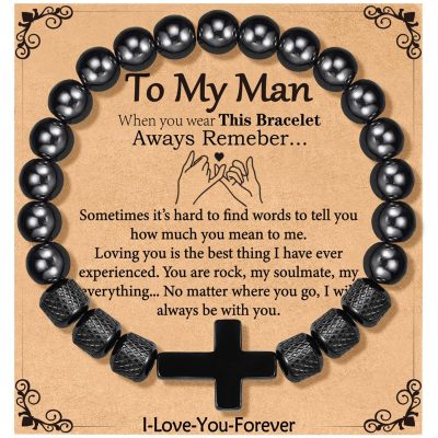 LUNCKY Black Cross Bracelets for Men Father Dad Grandpa Brother Obsidian Beads Bracelet Birthday Father's Day Anniversary Christmas Catholic Christian Religious Jewelry Gifts for Men Teen Boys