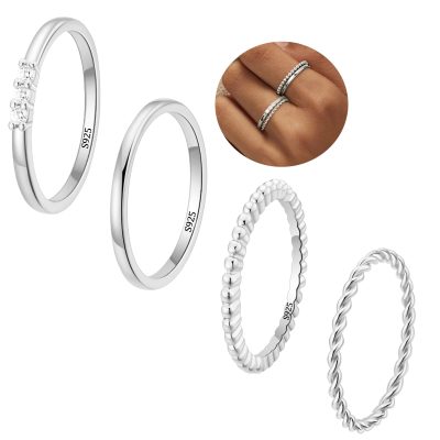 LUNCKY 4PCS 925 Sterling Silver Rings for Women Girls,Non Tarnish Knuckle Dainty Fashion CZ Ring Pinky Thin Thumb Stackable Ring Set Anniversary Valentine's Day Christmas Jewelry Gift Size 6/7/8/9/10