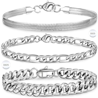 LUNCKY 3 Pcs Sterling Silver Bracelets for Men Women Boys Kid,Silver Charm Bracelet Cuban Link Curb Figaro Herringbone Chain Bracelets Set Jewelry Men Boyfirend Gift 6.5/7/7.5/8.3/9 Inches Chain