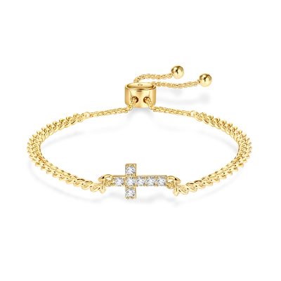 LUNCKY Cubic Zirconia Gold Cross Charm Bracelet for Women Teen Girl Daughter Girlfriend Adjustable 6-9 In Chain Religious Christian Catholic Baptism 1st Communion Confirmation Gift Jewelry for Girls