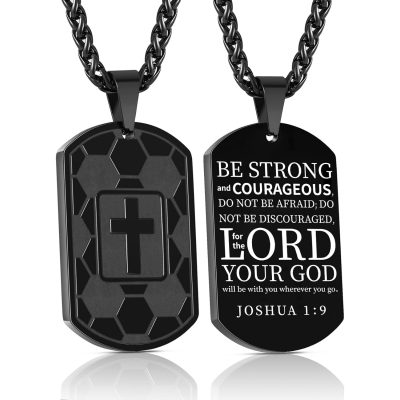 LUNCKY Football Black Dog Tag Cross Necklaces for Men Teen Boys Son Boyfriend Bible Pendant Cross Stainless Steel Men Necklace 1st Communion Confirmation Religious Christian Jewelry Gift 24 In Chain