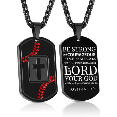 LUNCKY Baseball Black Dog Tag Cross Necklaces for Men Teen Boys Son Boyfriend Bible Pendant Cross Stainless Steel Men Necklace 1st Communion Confirmation Religious Christian Jewelry Gift 24 In Chain