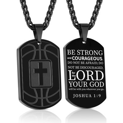 LUNCKY Basketball Silver Dog Tag Cross Necklaces for Men Teen Boys Son Boyfriend Bible Pendant Cross Stainless Steel Men Necklace 1st Communion Confirmation Religious Christian Jewelry Gift 24 In Chain