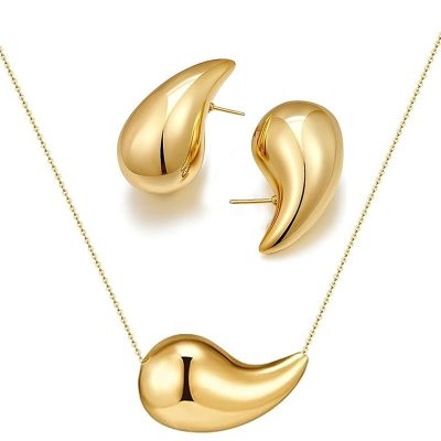 LUNCKY Gold Drop Necklace and Gold Chunky Hoop earrings for Women Girl Dainty Lightweight Dupes Teardrop Waterdrop Set Birthday Christmas Valentine's Day Mother's Day Gift Jewelry Set for Women