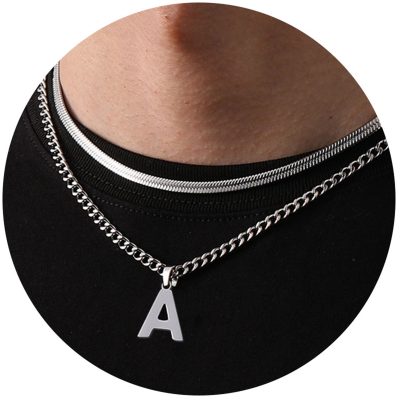 LUNCKY 2pcs Boys Men Chain Necklaces,18 Inch Herringbone Link Chain and 20 Inch Cuba Link Chain,Silver A-Z Initial Necklace,Layered Stainless Steel Letter Pendant Necklace Jewelry Gift for Men Boys