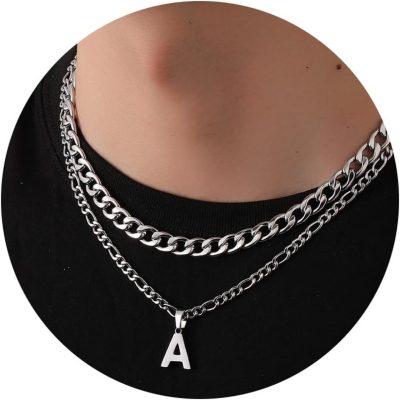 LUNCKY Silver Initial Letter A-Z Pendant Necklace for Men Boys Layered Figaro Twist Rope Stainless Steel Personalized Chain Necklace Jewelry Christmas Valentine's Day Birthday Gift for Men Boys