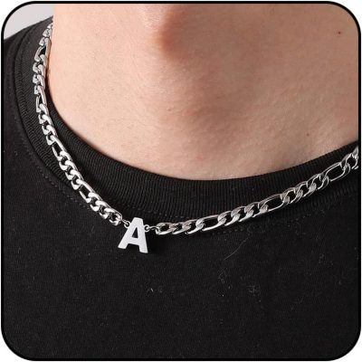 LUNCKY Initial A-Z Silver Figaro Link Chain Necklace for Boys Men Women Letter Pendant Stainless Steel 6.5mm 18+2 Inches Jewelry Gift
