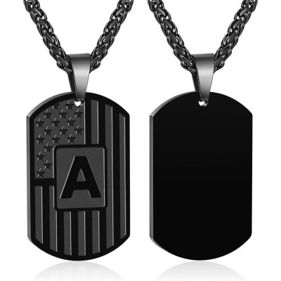 LUNCKY Black Initial A-Z Letter Necklace Pendant for Men Boy, Stainless Steel Name Statement Capital Alphabet American Flag Dog Tag Pendent Jewelry 24In Chain Valentine's Day Birthday Christmas Gift
