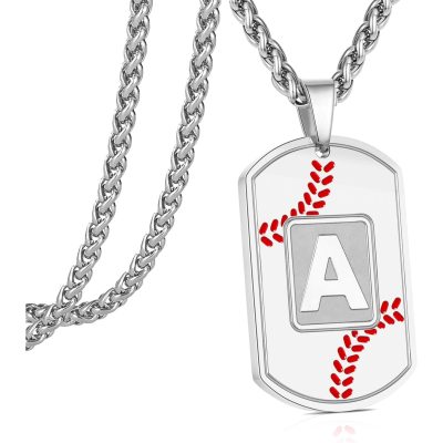 LUNCKY Silver Baseball Initial A-Z Letter Necklace Pendant for Men Boy Son Boyfriend,Stainless Steel Name Statement Capital Alphabet Dog Tag Pendent Sport Athlete Jewelry 24In Chain Christmas Gift
