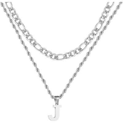 LUNCKY 2pcs Boys Men Chain Necklaces,18 Inch Herringbone Link Chain and 20 Inch Cuba Link Chain,Silver A-Z Initial Necklace,Layered Stainless Steel Letter Pendant Necklace Jewelry Gift for Men Boys