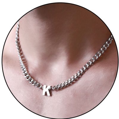 LUNCKY Stainless Steel 6.5mm Cuban Curb Link Chain Necklace for Men Boys 18+2 Inches Silver A-Z Initial Necklaces for Men Letter Pendant Chain Husband Son Men Teen Boy Boyfriend Gift Jewelry