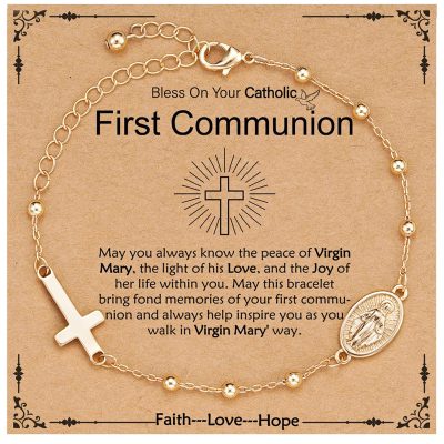 LUNCKY Catholic First Communion Confirmation Gifts for Teen Girls,Rosary Beads Virgin Mary Cross Charm Link Adjustable 6-8 Inch Chain Gold Bracelet Religious Baptism Jewelry Gifts for Teenage Girls
