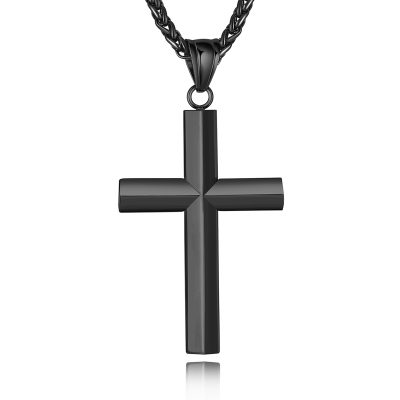 LUNCKY Beveled Edge Silver Cross Necklace for Men Boys Stainless Steel Cross Pendant Chain Religious Christian Men Teen Boys Jewelry Gifts 18-24 Inches Chain