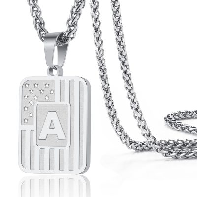 LUNCKY Silver Initial Necklaces for Men Boys Women Kid Son Boyfriend Stainless Steel American Flag Stars Dog Tag Name Alphabet Letter Pendant Necklace Birthday Christmas Gift Jewelry 20+2 Inch Chain