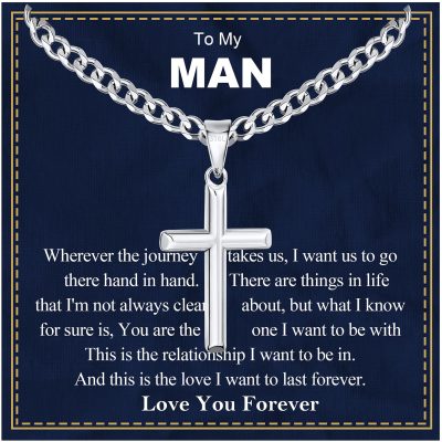 LUNCKY Silver Cross Necklace for Men Boys 316L Stainless Steel To My Man Gift Cross Pendant Necklace Religious Christian Catholic Birthday Valentine's Day Christmas Jewelry Gifts 24 In Cuban Chain
