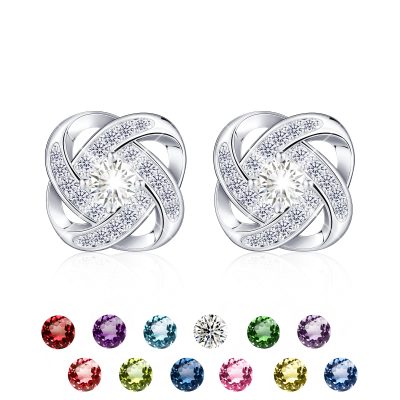 LUNCKY 18K White Gold Stud Earrings for Women Girls,Love Knot Stud Earrings,S925 Sterling Silver April Birthstone Earrings with CZ Crystal,Dainty Christmas Stud Earring Jewelry Birthday Gift for Her