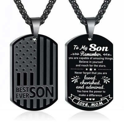 LUNCKY Black To My Son Necklace Gifts from Mom Mother, Best Son Ever American Flag Dog Tag Pendant Chain Jewelry Christmas Birthday Valentine's Day Father's Day Gifts Ideal Presents for Boys Men Kid