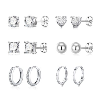 LUNVKY 6 Pairs 18K White Gold Plated CZ Earrings for Women Hypoallergenic Small Post Stud Hoop S925 Sterling Silver Earring Sets Birthday Jewelry Gifts Ideas Mom Wife Tween Girlfriend Teen Age